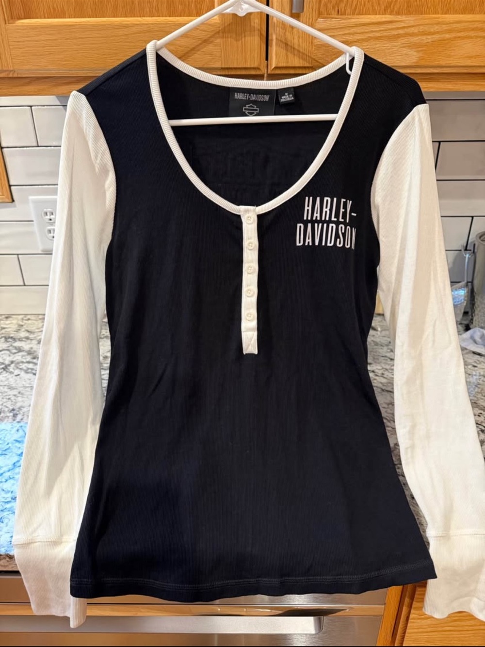 Harley-Davidson Black Long Sleeve Henley with White Sleeves